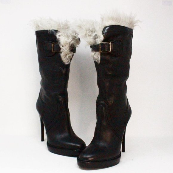 BURBERRY #39570 Black Leather Fir Lined Heel Boots (US 8.5 EU 38.5) - Picture 1 of 10